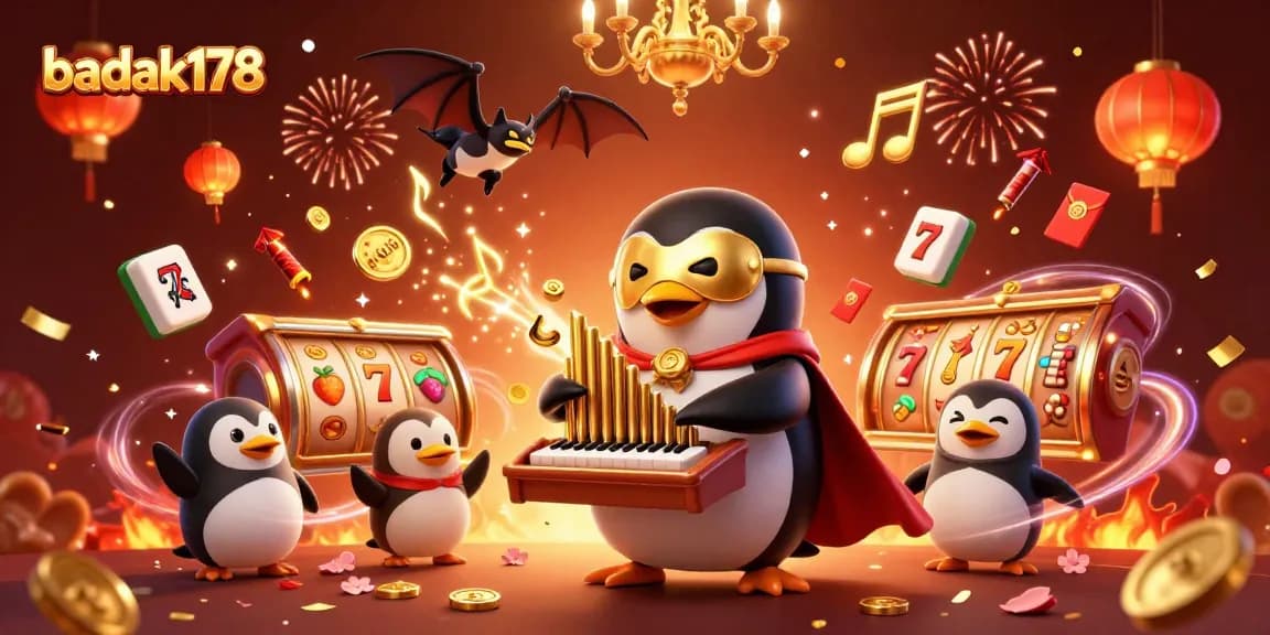 Experience the excitement of badak178 with a phantom penguin playing an organ that shoots golden coins in a vibrant casino scene.