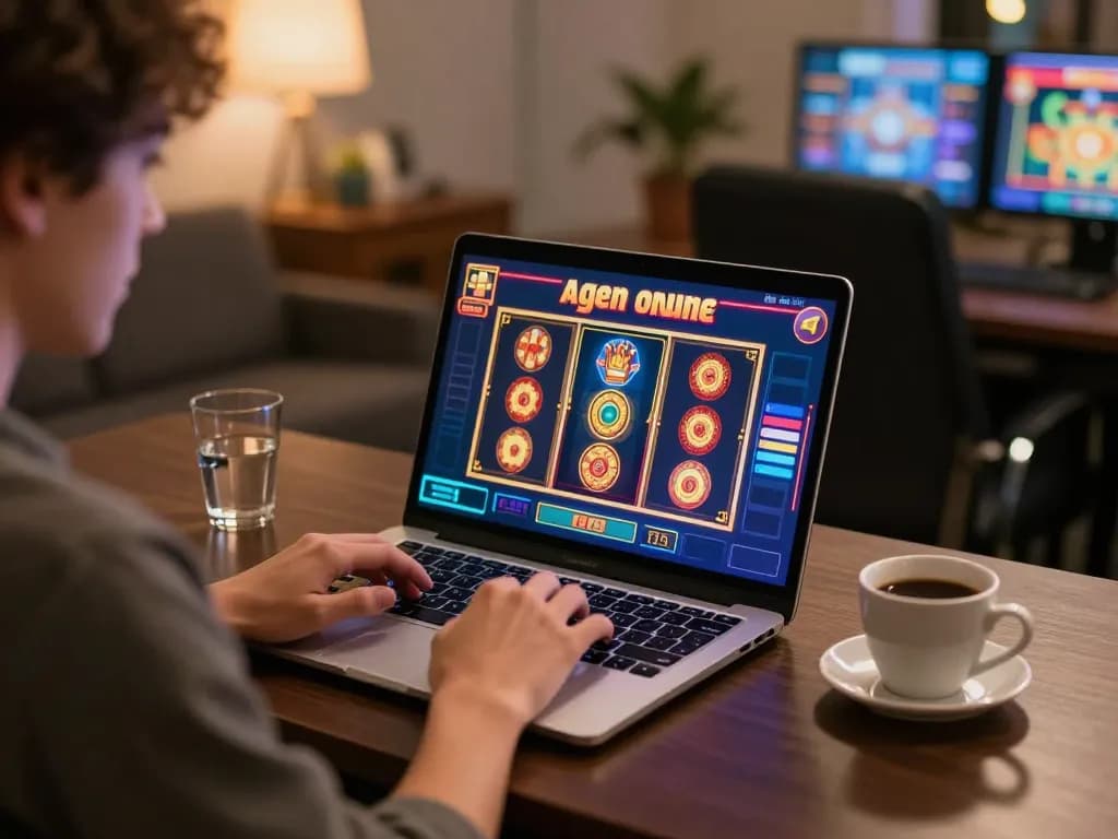 Play Agen Slot online from a stylish home gaming setup with vibrant game graphics displayed