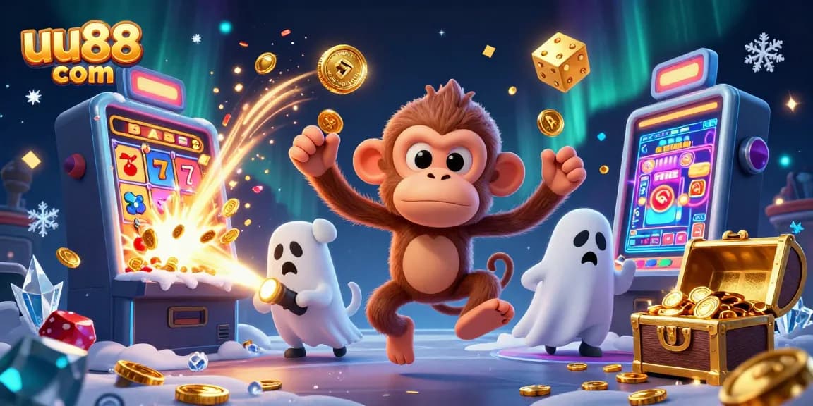 Experience thrilling wins at uu88 com with 3D cartoon monkey juggling coins in a vibrant casino scene.