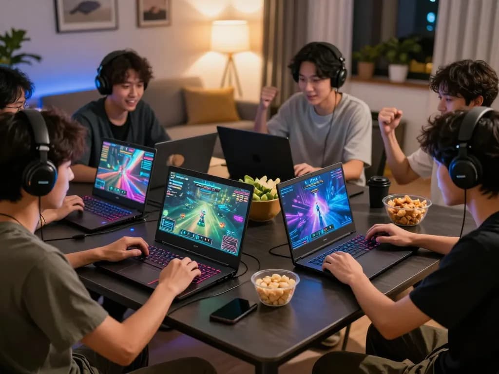 Gamers enjoying ISTANA404 online gameplay at home with vibrant screens and friendly competition.