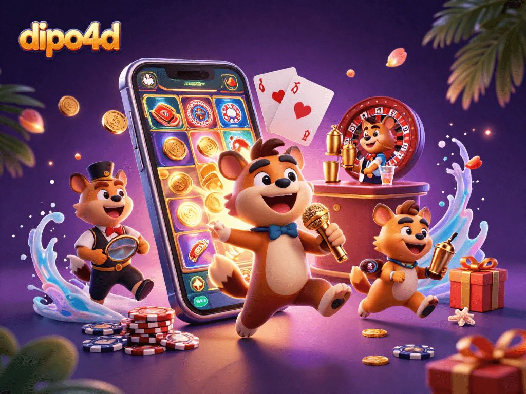 Experience the vibrant dipo4d casino scene with hyenas combining comedy and fun in this 3D digital illustration.