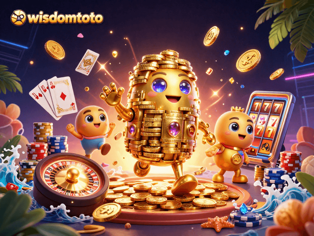 Menangkan jackpot di wisdomtoto dengan simbol mesin slot emas berkilauan dan koin berputar.