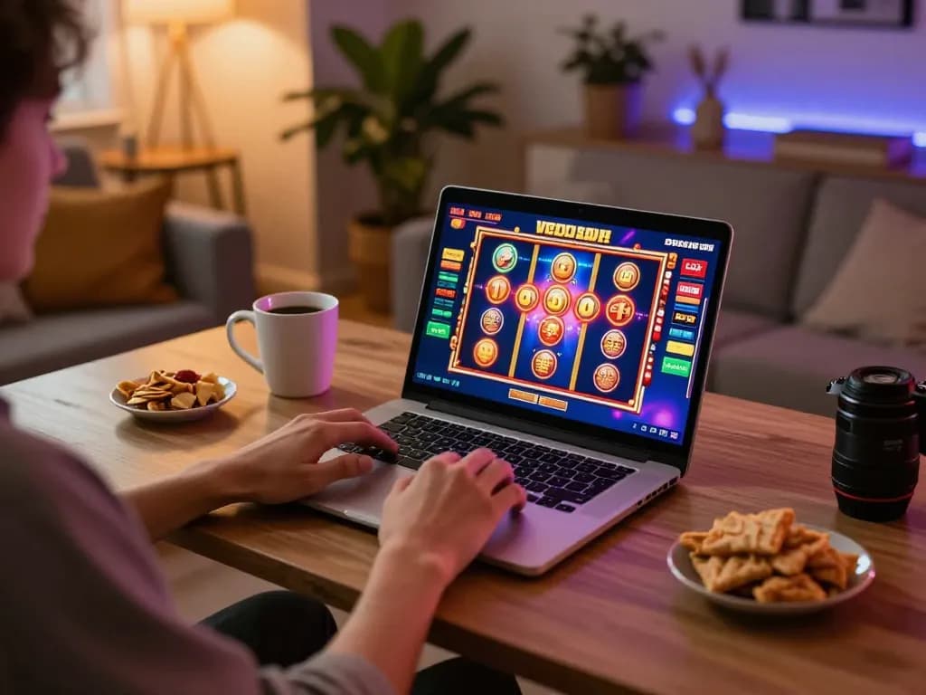 Pemain menikmati slot di OKESLOT dari pengaturan kantor rumah yang nyaman dengan laptop, camilan, dan permainan yang menarik.