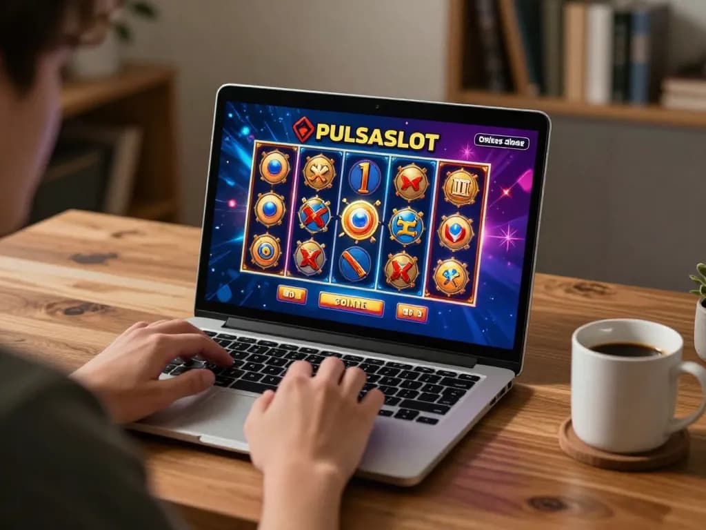 PULSASLOT player enjoying online slots in a cozy home office with strategic gaming setup.