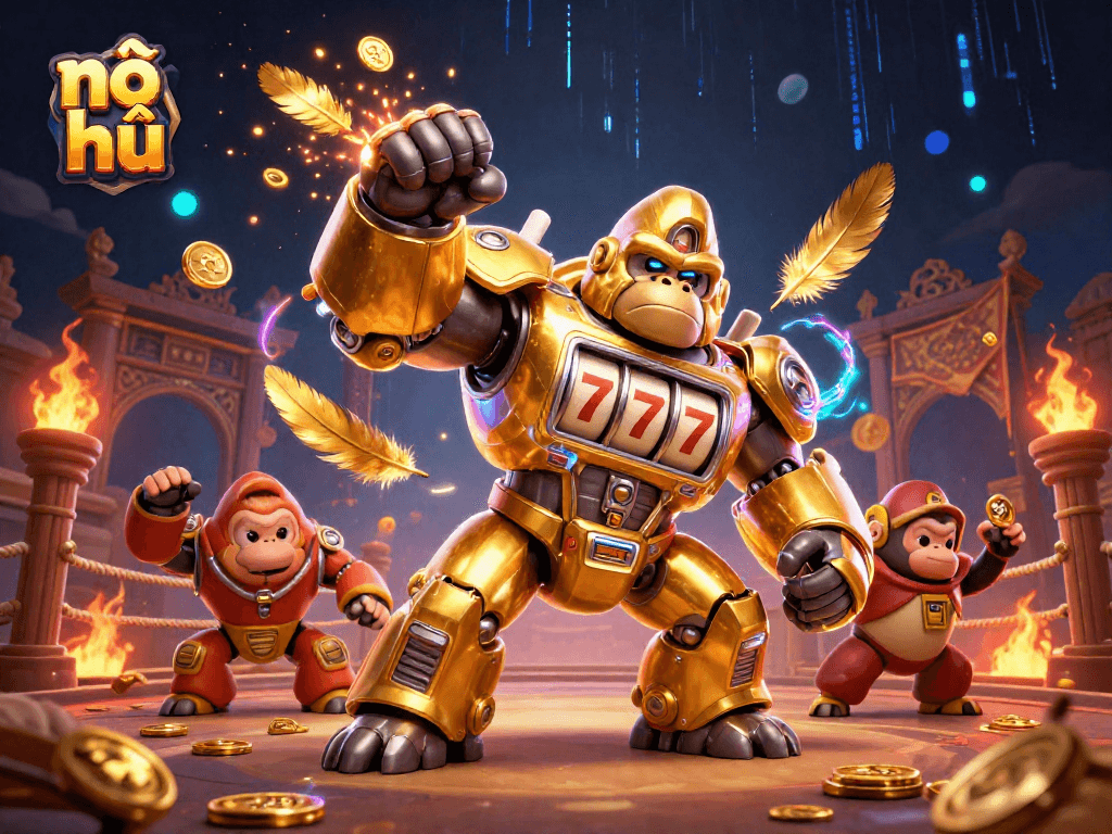 Nổ hũ gameplay image showcasing a dynamic scene with a golden gorilla mech and slot machine elements, representing thrilling wins.