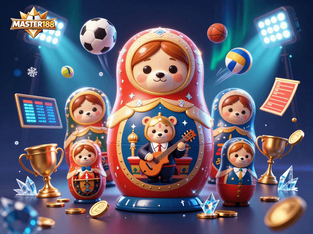 Engage with the exciting world of bets at MASTER188 while enjoying playful casino-themed illustrations.
