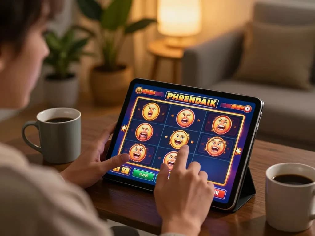 Playing online slots at home with OKESLOT on a tablet, displaying engaging game graphics.