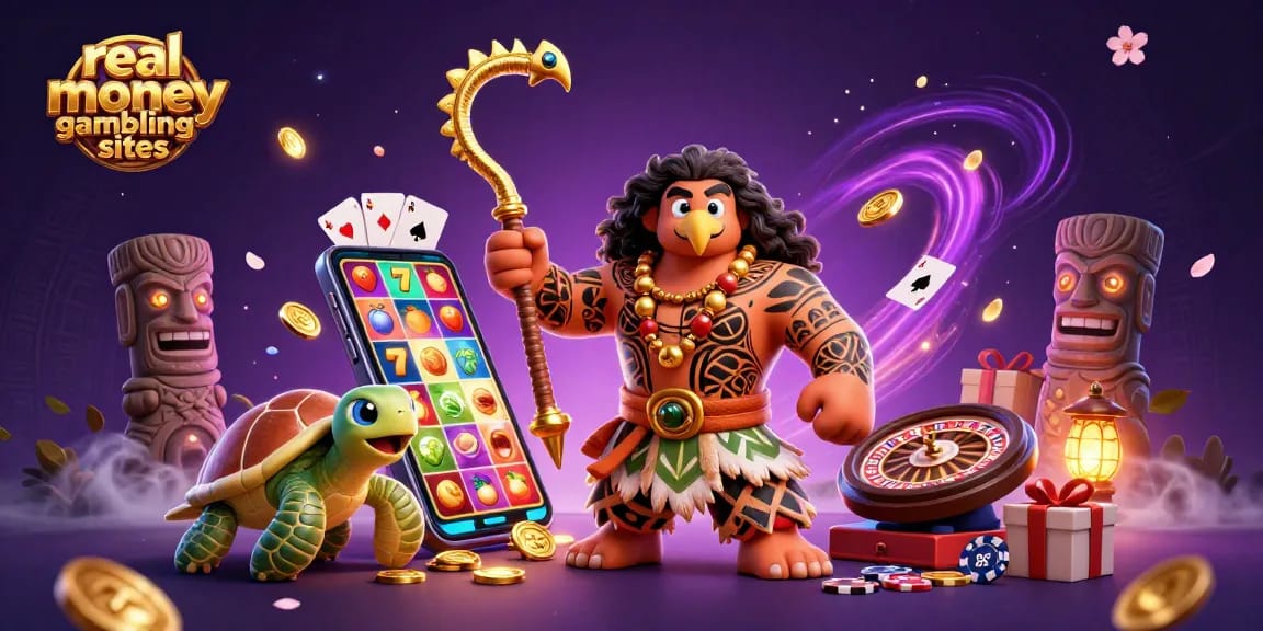 Engaging scene showcasing the real money gambling sites with Maui-style demigod, turtle, and vibrant casino elements.