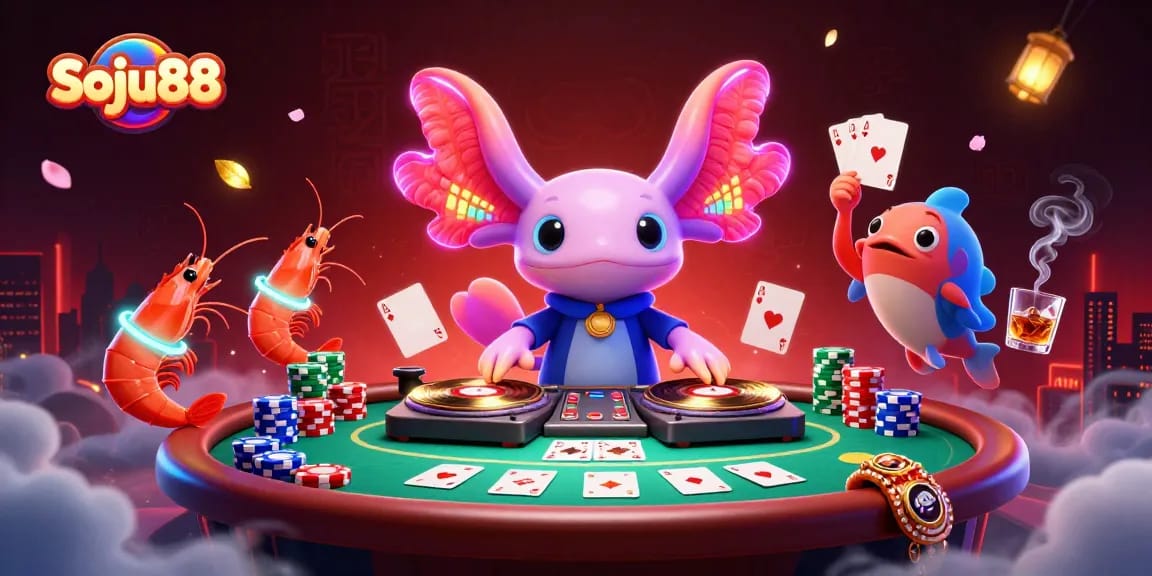 Engage with the vibrant soju88 casino scene featuring a neon axolotl DJ and energetic poker elements.