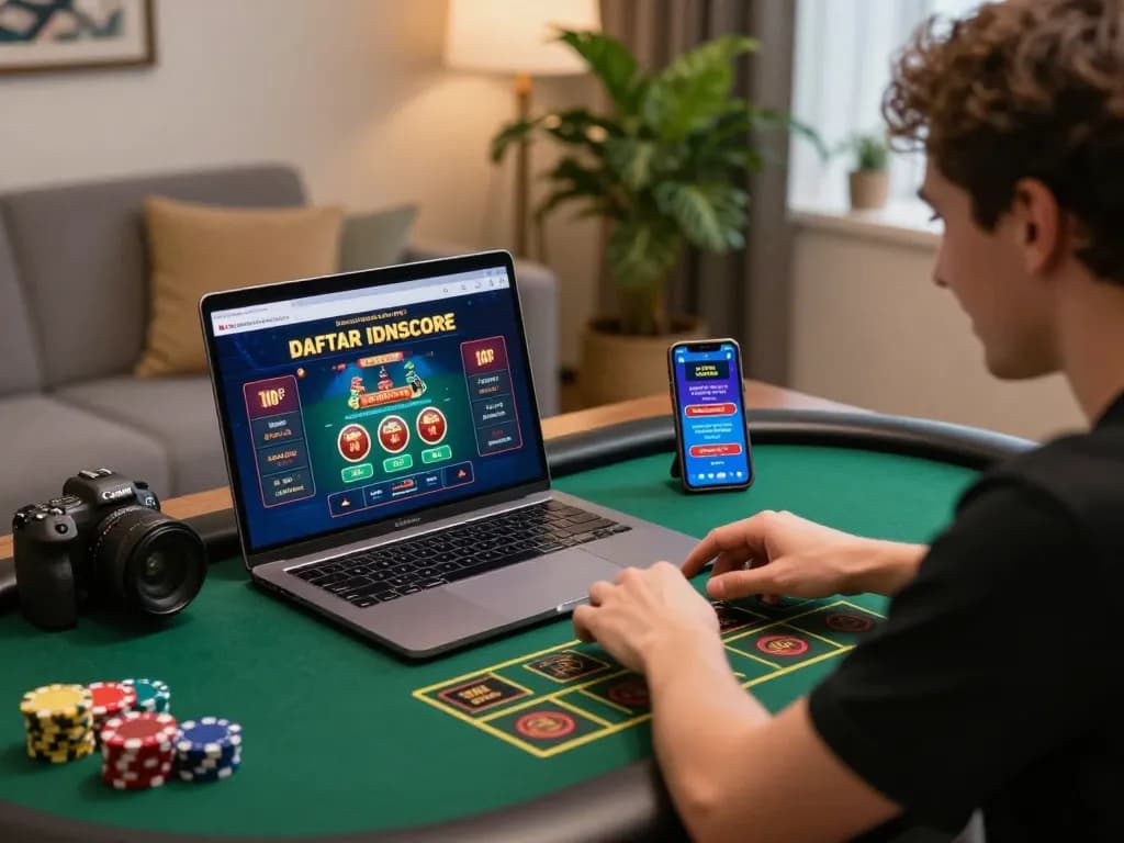 Player excitedly engaging with casino interface as they DAFTAR IDNSCORE, exemplifying online gambling fervor.
