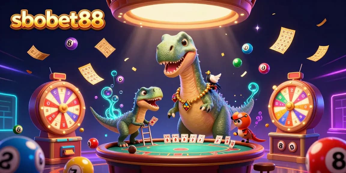 Experience epic sbobet88 gaming with a brontosaurus dealer in a vibrant casino scene.