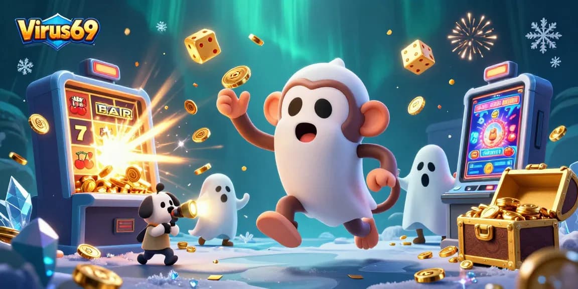 Experience the thrill at Virus69 with a ghostly monkey juggling casino treasures.