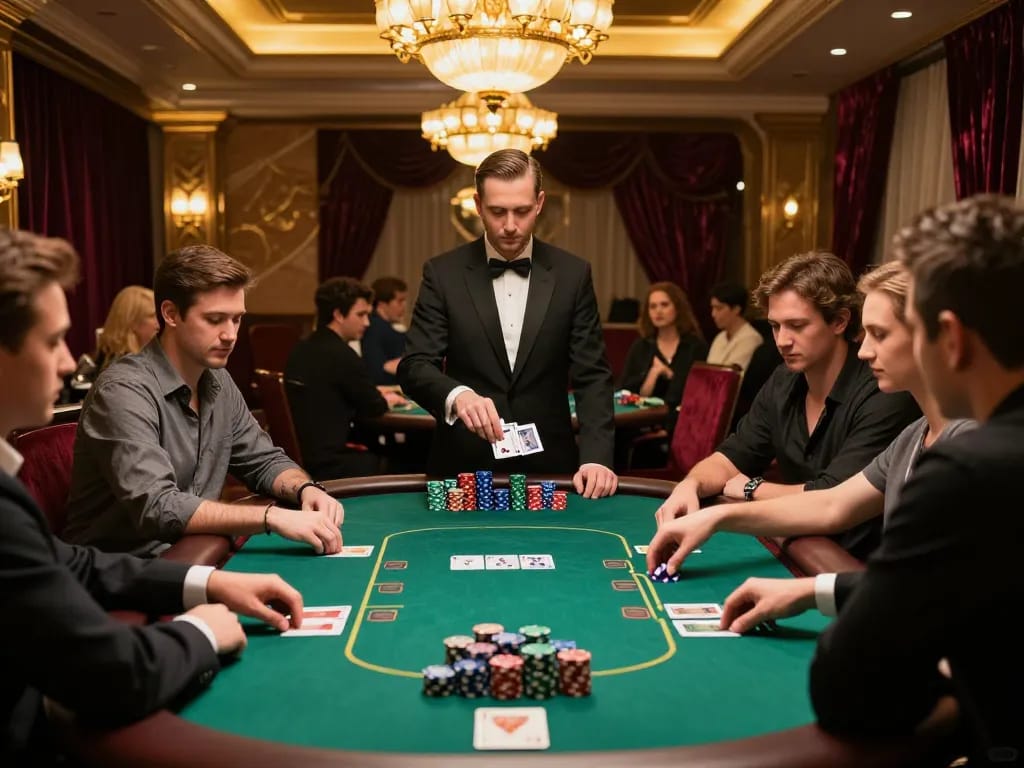 Players engaging at a poker table at lc88 casino, showcasing excitement and strategizing for victory.