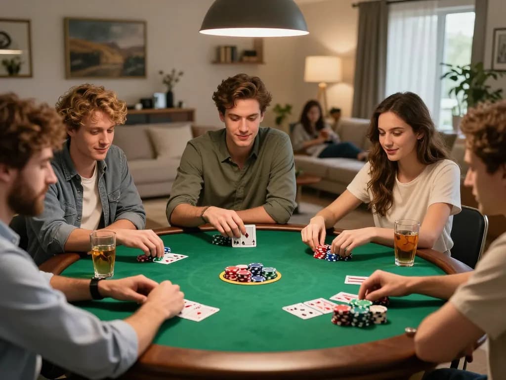 Friends enjoying strategic gameplay at a BAYITOTO poker night with vibrant chips and cards.