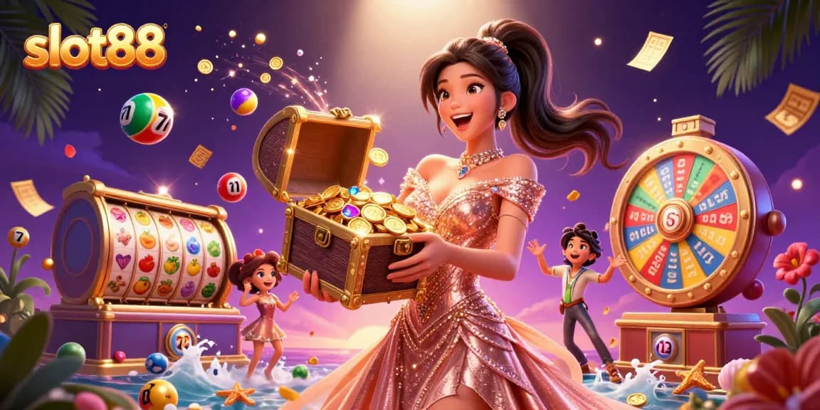 Experience thrilling gameplay with slot88 as vibrant bingo cards and colorful lottery balls fill the scene.