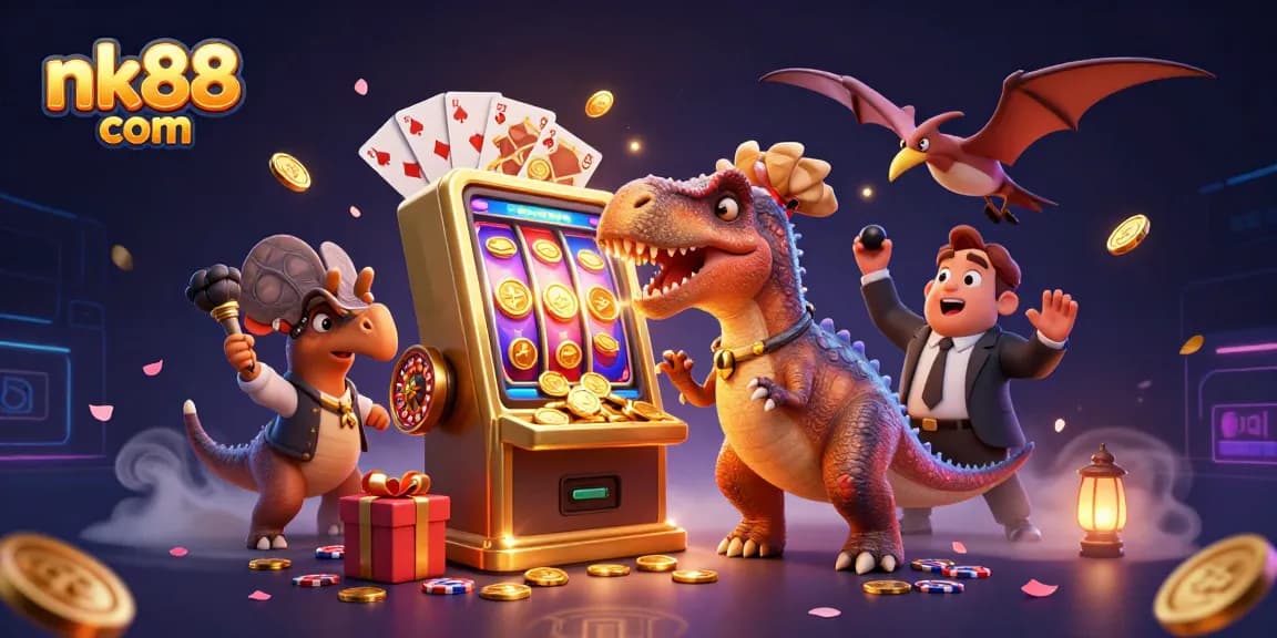 Experience the thrill at nk88 com as a pachycephalosaurus scores a jackpot while a manager waves in excitement.
