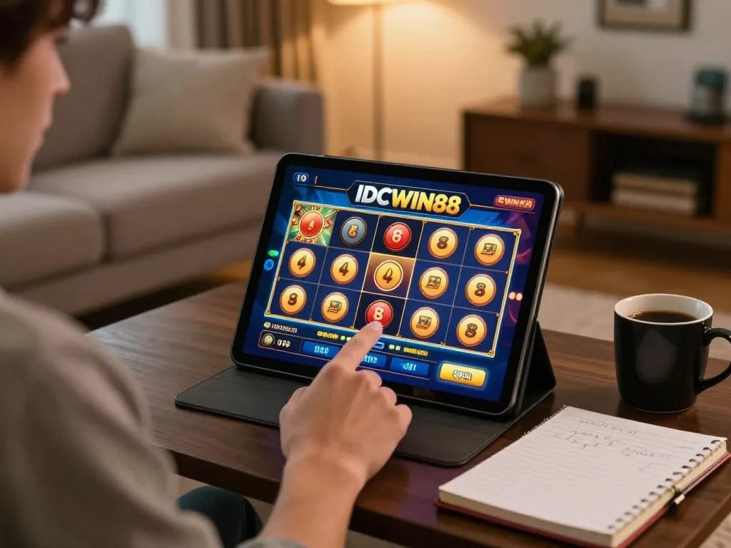 Engaging gameplay at IDCWIN88: Player enjoying an online slot machine in a cozy home setting.