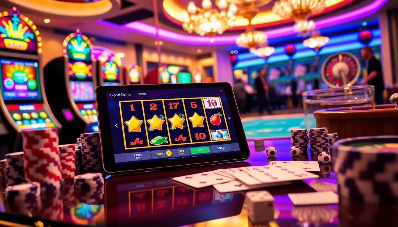 Players engaging with slot demo games on a sleek device at a vibrant casino setting.