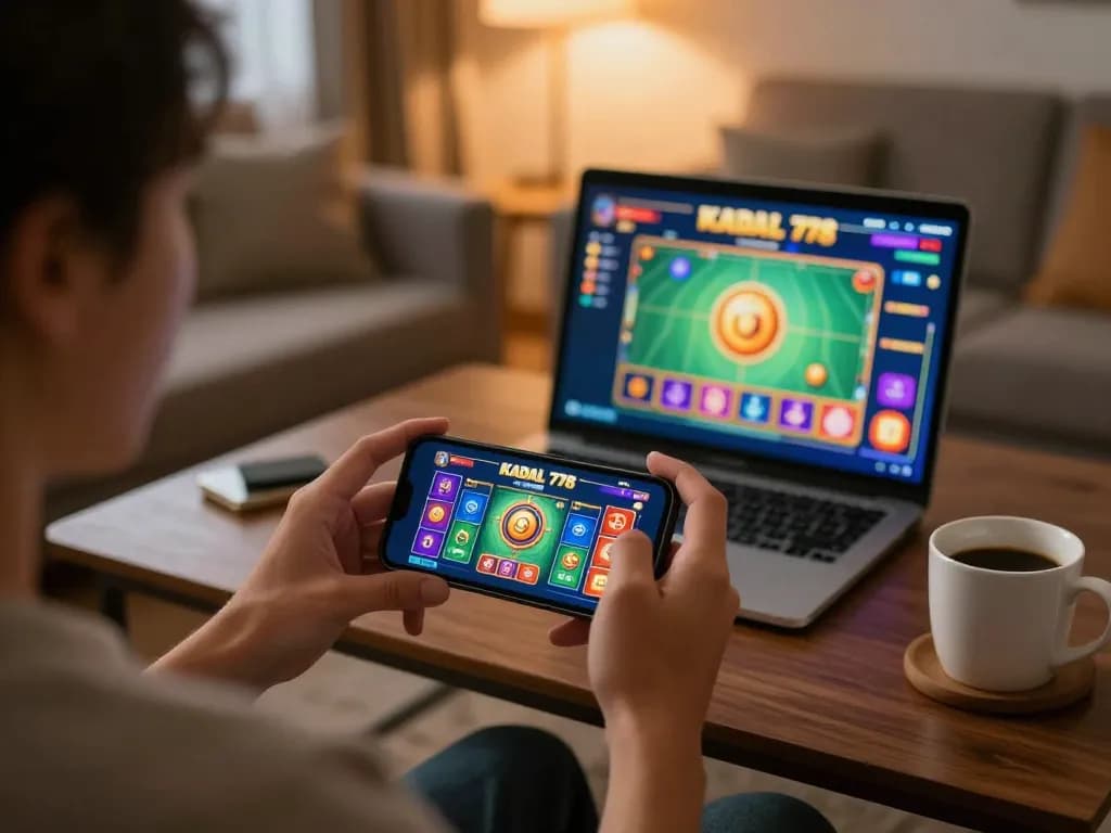 KADAL 778 player enjoying mobile casino gameplay in a cozy living room setting.