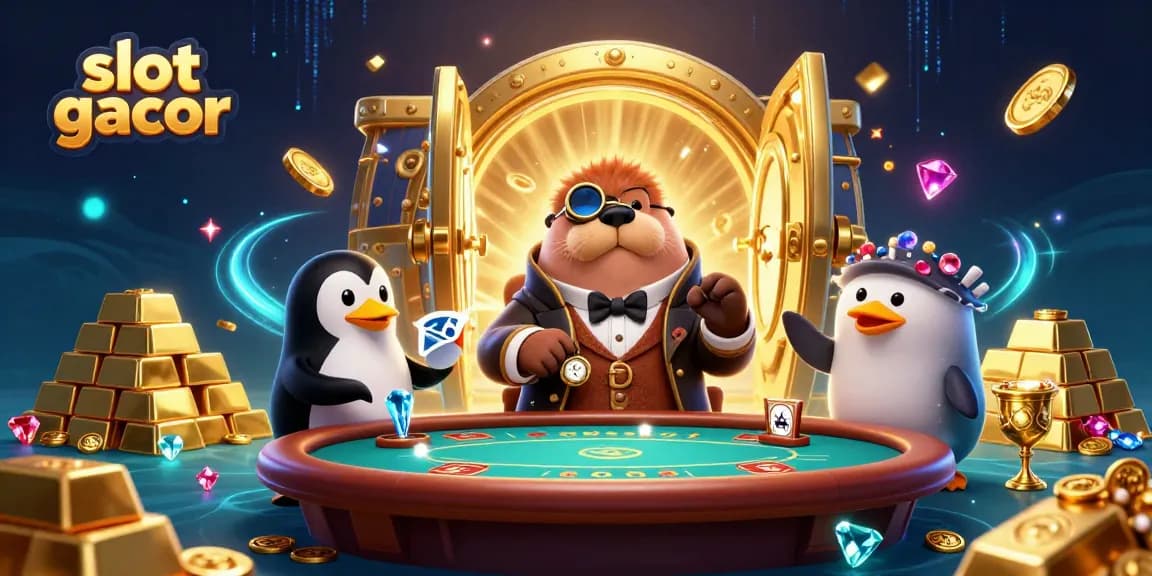 Menangkan slot gacor dengan gambar ilustrasi kasino bawah air penuh aksi dan karakter lucu.
