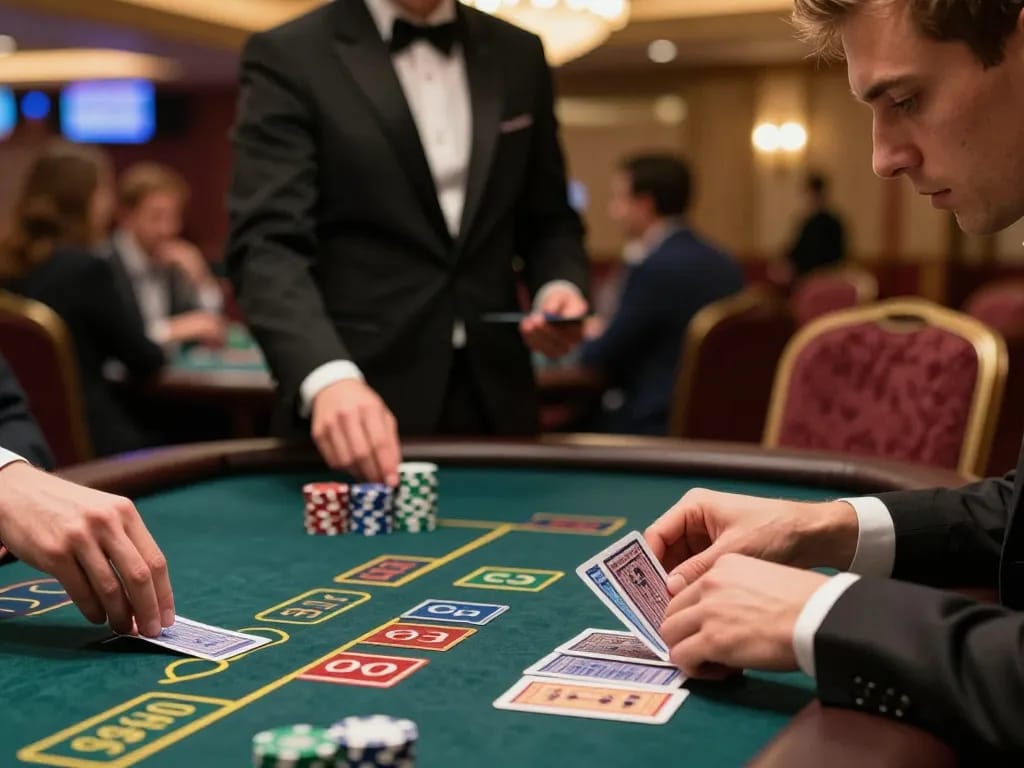 tg88 player calculating odds at blackjack table with chips and dealer, vibrant casino atmosphere