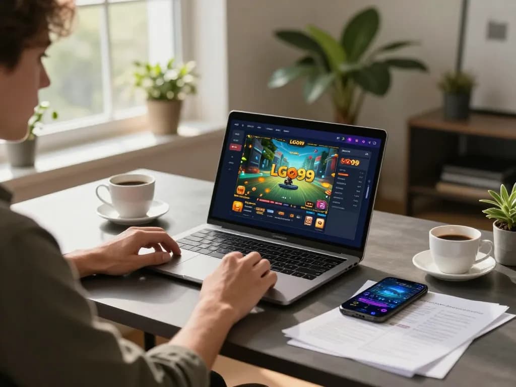 LGO99 mobile gaming scene with user engaged in responsible online casino strategies at home.