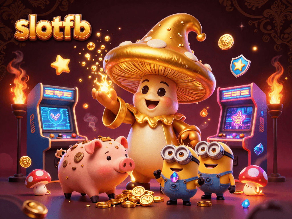 Spin and win at slotfb with a golden mushroom wizard and treasure-hunting pig in a vibrant casino scene.
