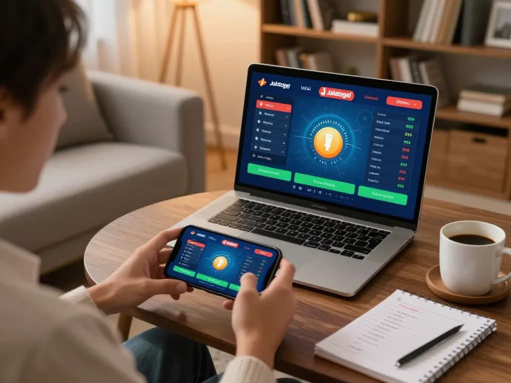 Bergabung dalam taruhan online Jalatogel menggunakan smartphone di ruang tamu yang nyaman