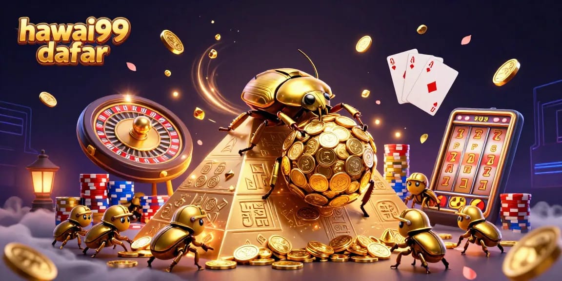 Engaging gameplay at hawai99 daftar with golden coins, beetles, and spinning roulette wheel illustration.