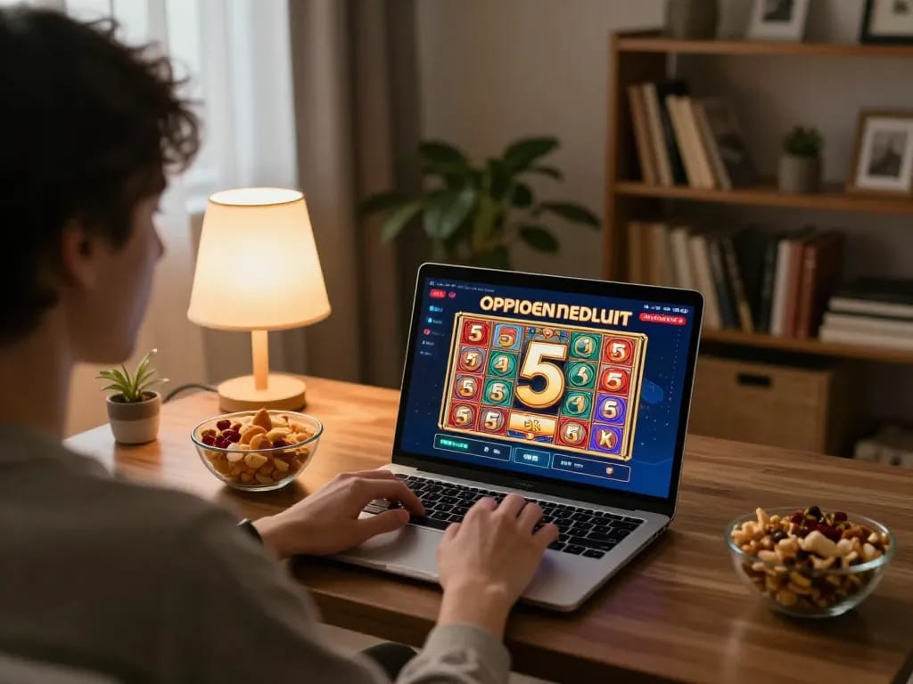 Permainan slot depo 5k yang menarik di laptop dalam suasana rumah yang nyaman dengan camilan dan pencahayaan hangat