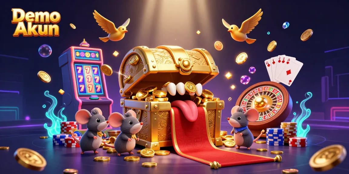 Engage with Demo Akun in a vibrant casino scene filled with spinning reels, golden treasures, and thrilling gaming elements.