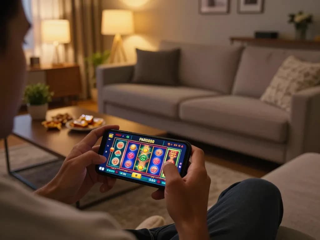 Player enjoying Paris888 online casino slot game on smartphone in a cozy living room setting