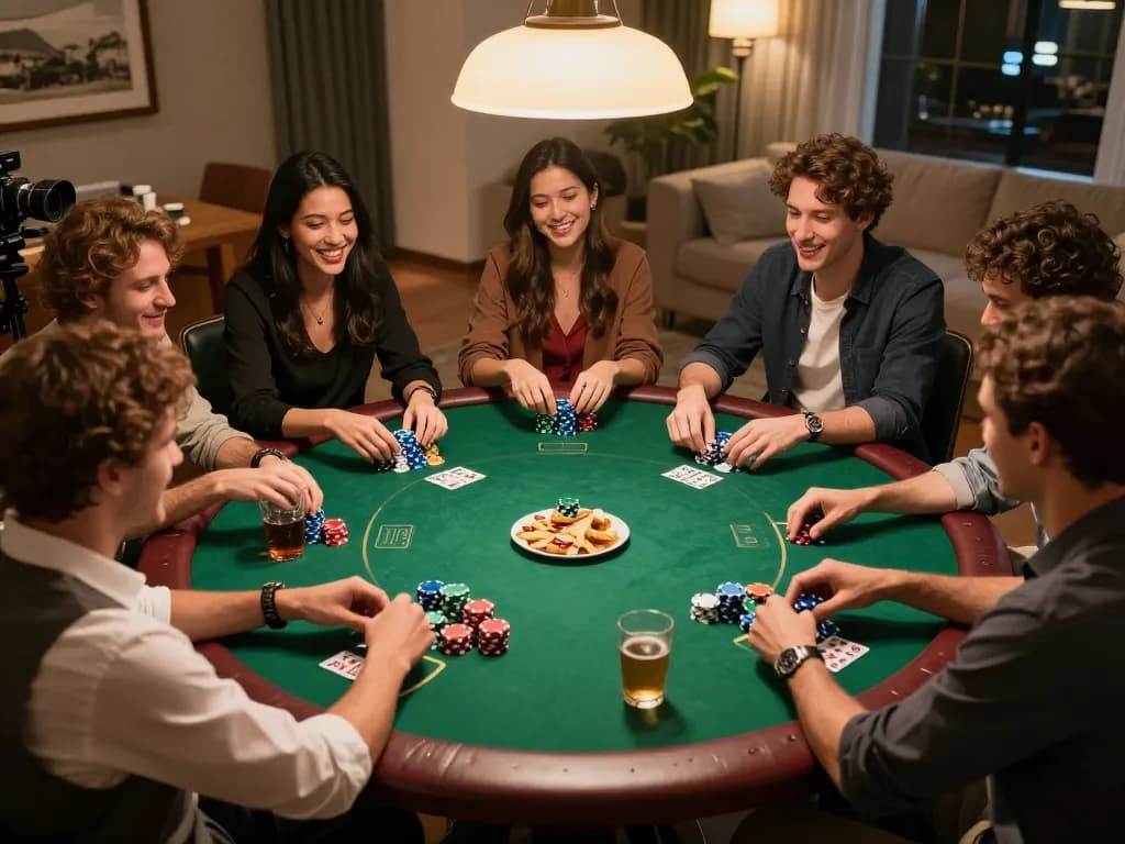 LGO GOAL poker night with friends at a round table showcasing colorful chips and drinks, capturing the excitement of friendly gambling.
