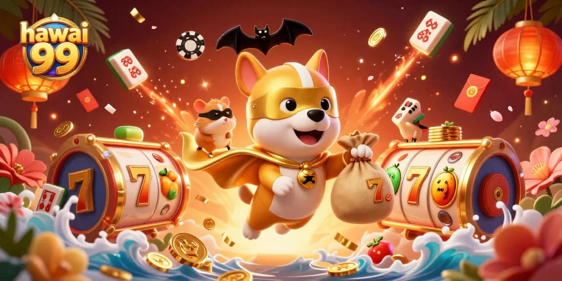 Hawali 99 showcases strategic players on a colorful, jackpot-filled gaming scene with exciting casino elements.