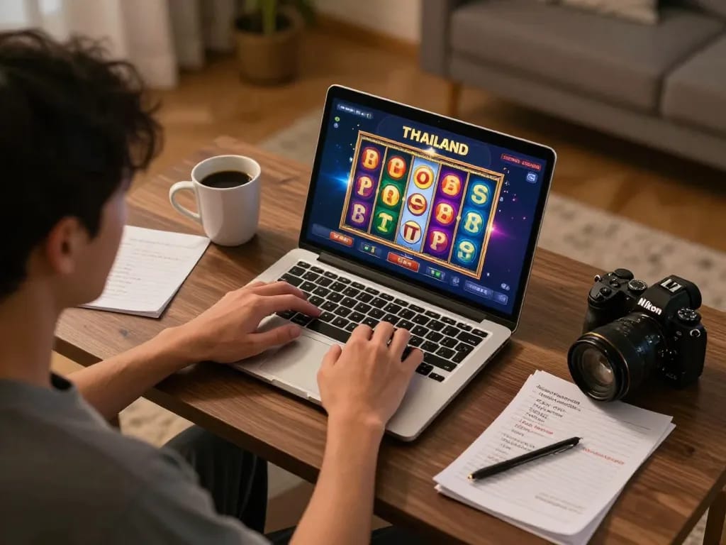 Gamer engaging with slot thailand online interface, showcasing dynamic gameplay and strategic notes