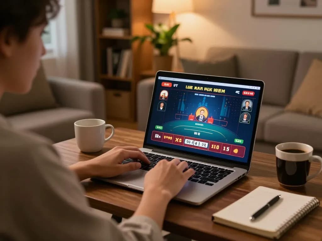 Player engaging with nego77 online casino from a cozy home setting, emphasizing strategic gameplay.