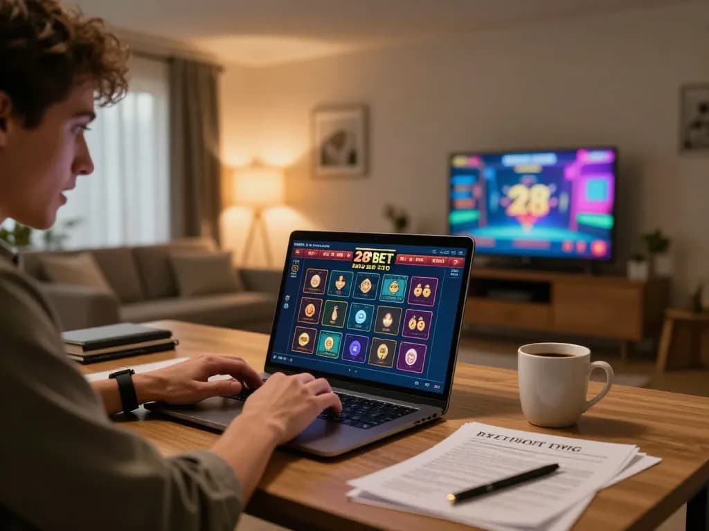Person engaging with 28 BET live casino games on a laptop, vibrant gaming atmosphere.
