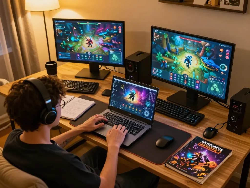 Engaging in immersive online gaming on Jangkar55 platform with colorful interfaces surrounded by strategy notes
