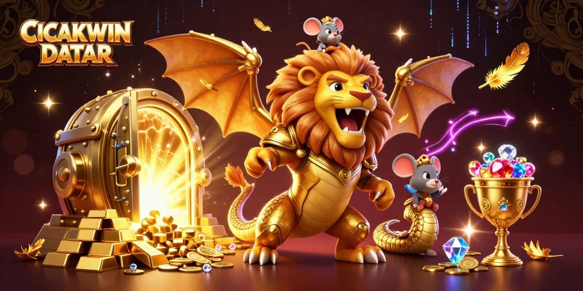 CICAKWIN DATAR reveals thrilling gold and gem treasures while a chimera and mouse jockey symbolize victory in gaming.