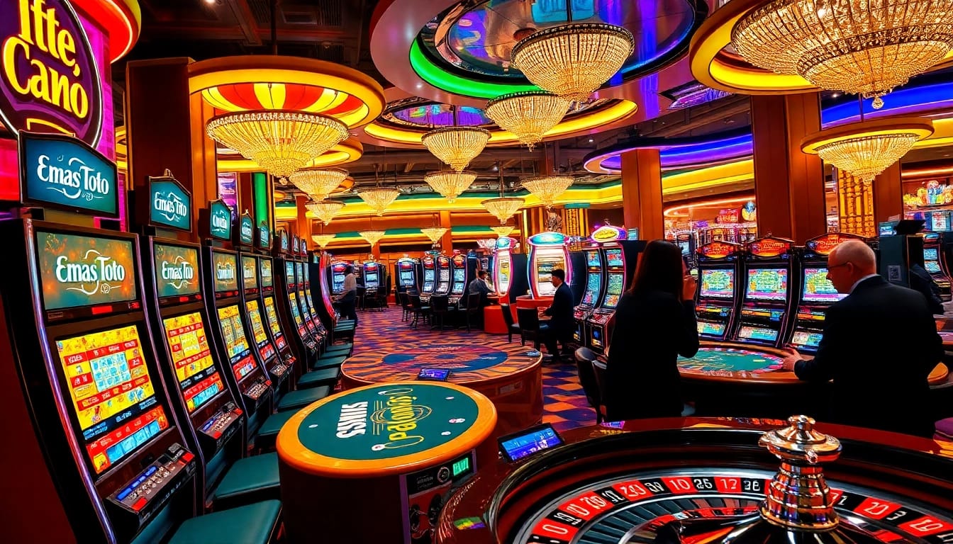 Rasakan permainan Emas Toto dalam suasana kasino yang meriah dengan mesin slot dan meja poker.