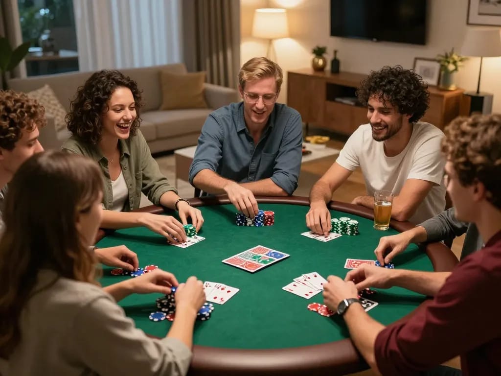 Engaged friends enjoying a poker night at home, highlighting situs toto ambiance and camaraderie in gaming.
