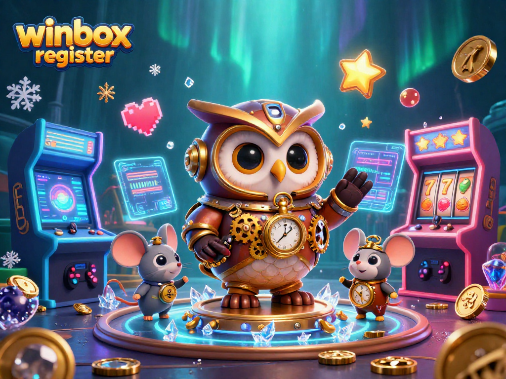 Winbox register image illustrating fun gaming elements with a steampunk owl and vibrant casino themes.
