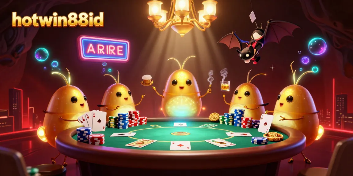 Experience the thrill of hotwin88id with vibrant illustrations of a lively casino, featuring glowworms and a bat dealer.