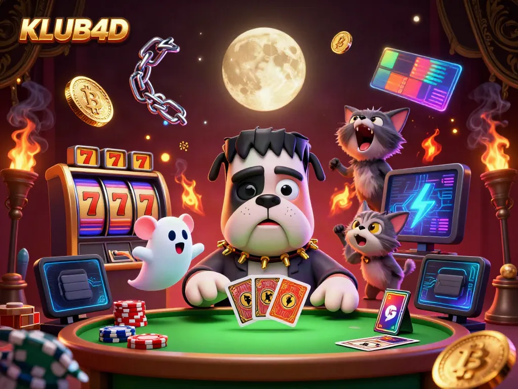 Kartu dan kulit jackpot di meja kasino KLUB4D yang diatur dengan karakter unik dan elemen permainan.