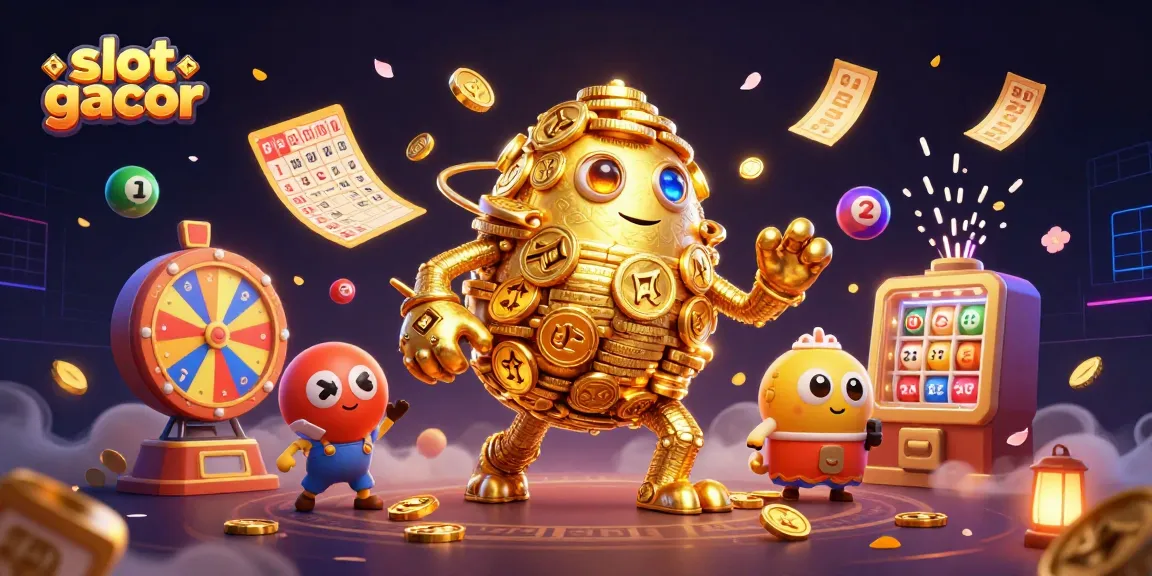 Visualisasi slot gacor dengan golem berlapis koin emas dan bola lotere yang dinamis.