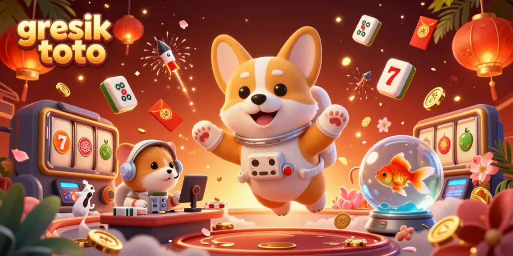 Experience the excitement of gresik toto through a vibrant casino-themed 3D illustration featuring unique characters and elements.