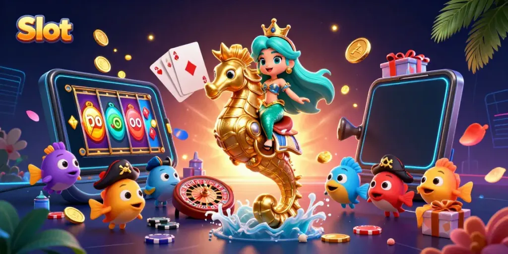 Slot menghadirkan putaran beruntun dalam ilustrasi kasino bergaya kartun dengan karakter laut.