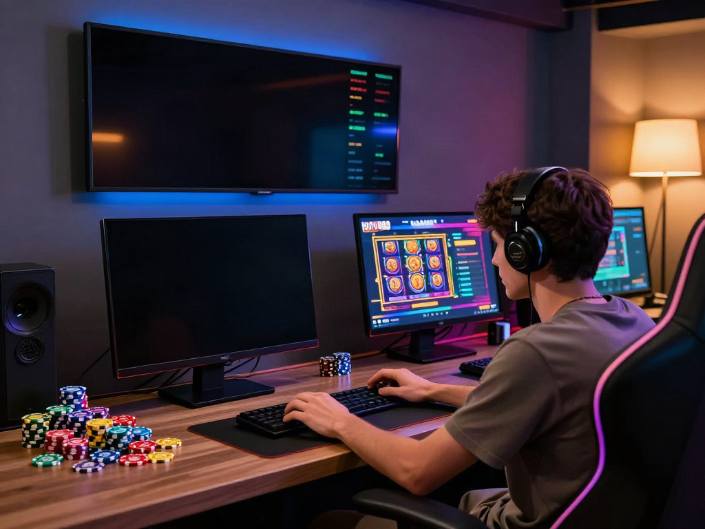 Pengguna aktif bermain di hotwin88 dengan token warna-warni dan smartphone di meja gaming.
