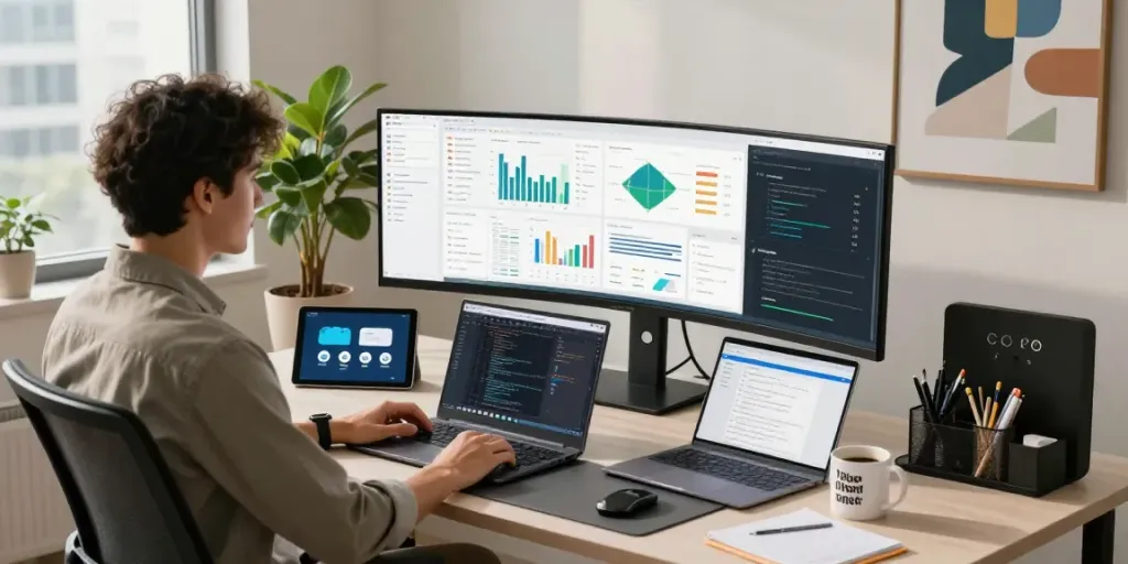 Data analyst working in a modern office setting with jebol wd analytics on display.