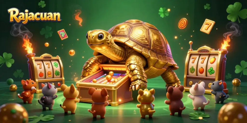 Experience exciting gameplay with Rajacuan's vibrant slot machine featuring gold, fruit symbols, and a thrilling atmosphere.